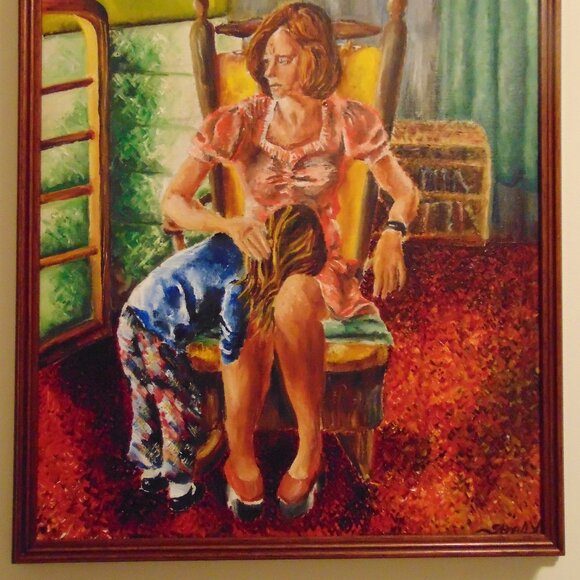Original Oil Painting on Canvas, Little Girl & Teacher, Wood Frame, 26.3 x 22.3 - Picture 3 of 5